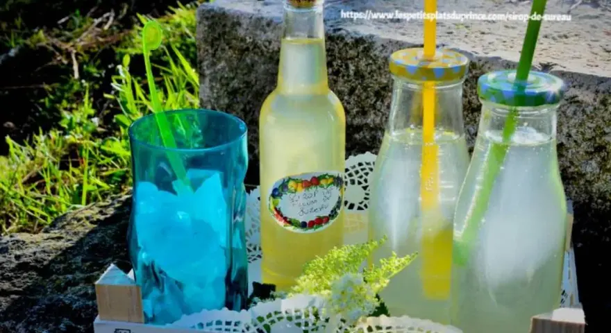 Bouteille de sirop de sureau et deux boissons rafraîchissantes avec des pailles, sur un plateau en bois, en extérieur.