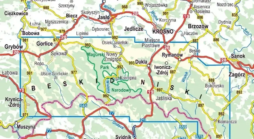 Mapa turystyczna Beskidu Niskiego z zaznaczonym Magurskim Parkiem Narodowym. Atrakcje regionu: Gorlice, Krosno, Sanok, Krynica-Zdrój.