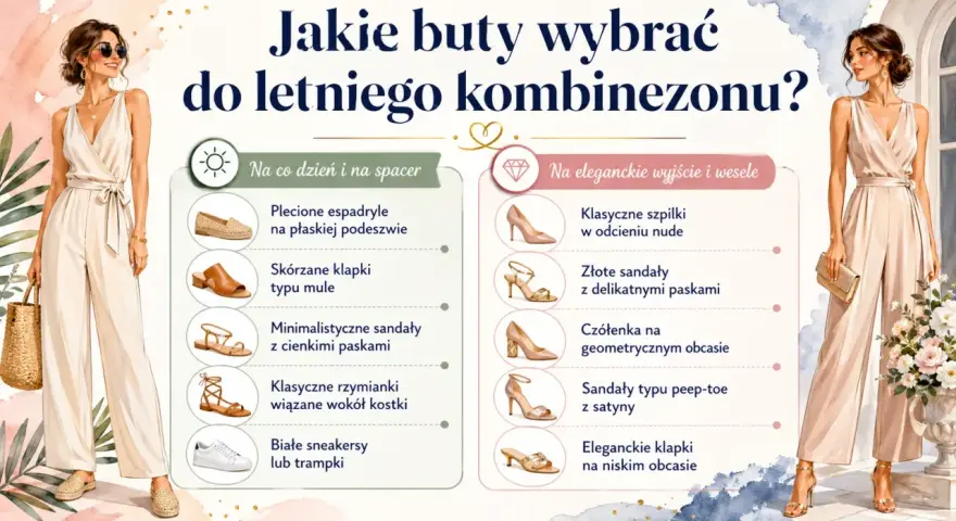 Jakie buty do kombinezonu? Stylizacje na co dzień i na eleganckie wyjścia: espadryle, klapki, sandały, szpilki i czółenka.