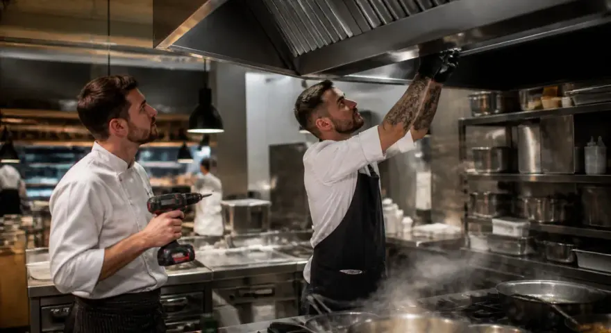 Installation d'une hotte d'extraction dans un restaurant en copropriété. Deux chefs travaillent sur le système de ventilation.