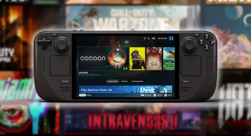 La consola portátil Steam Deck 2 muestra la interfaz de juegos, con "Cocoon" destacado.