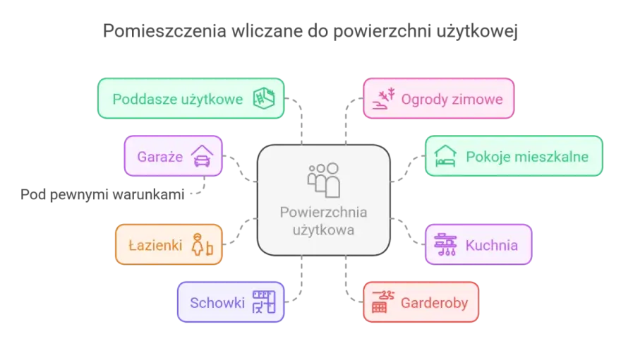 Diagram wyjaśnia, czy garaż wlicza się do powierzchni użytkowej, pokazując inne pomieszczenia jak kuchnia, łazienki, pokoje mieszkalne.