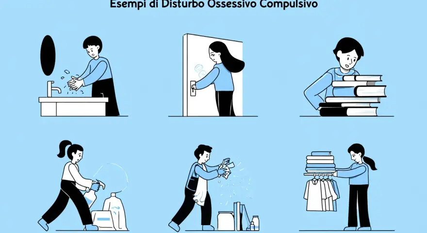 Illustrazioni mostrano come comportarsi con un ossessivo compulsivo: lavarsi le mani, toccare maniglie, impilare libri, pulire oggetti, piegare vestiti.