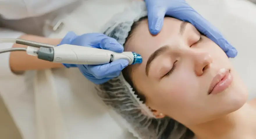 Aesthetician performs a facial treatment, likely part of the microdermabrasion healing process, on a woman's forehead.