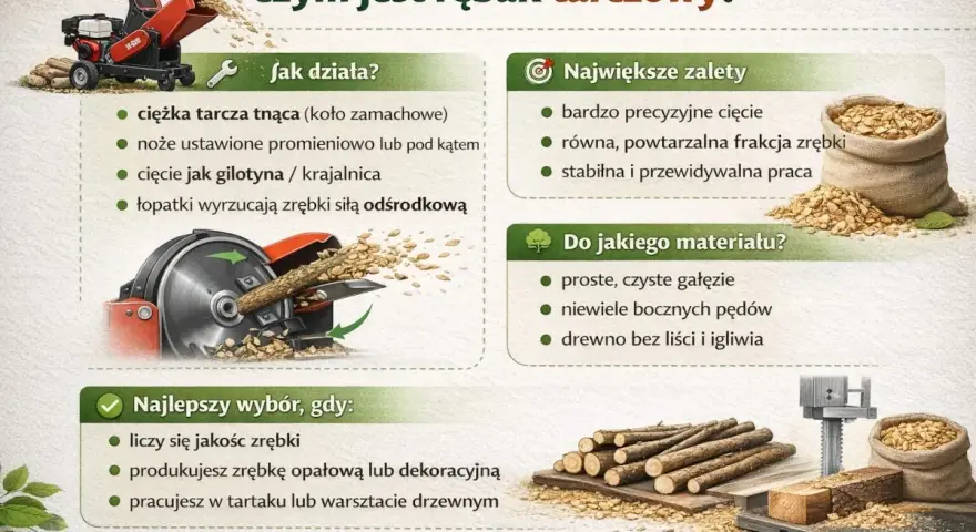 Budowa i działanie rębaka tarczowego: tarcza tnąca, noże, łopatki wyrzucające zrębki. Idealny do gałęzi, zapewnia precyzyjne cięcie.
