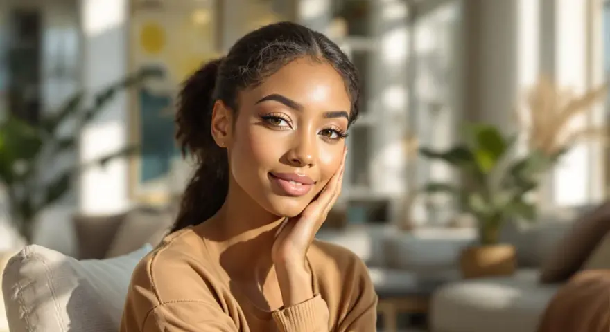 Jeune femme au teint hâlé, peau claire, mise en valeur par une colorimétrie brune. Elle pose tendrement sa main sur sa joue, un sourire doux aux lèvres.