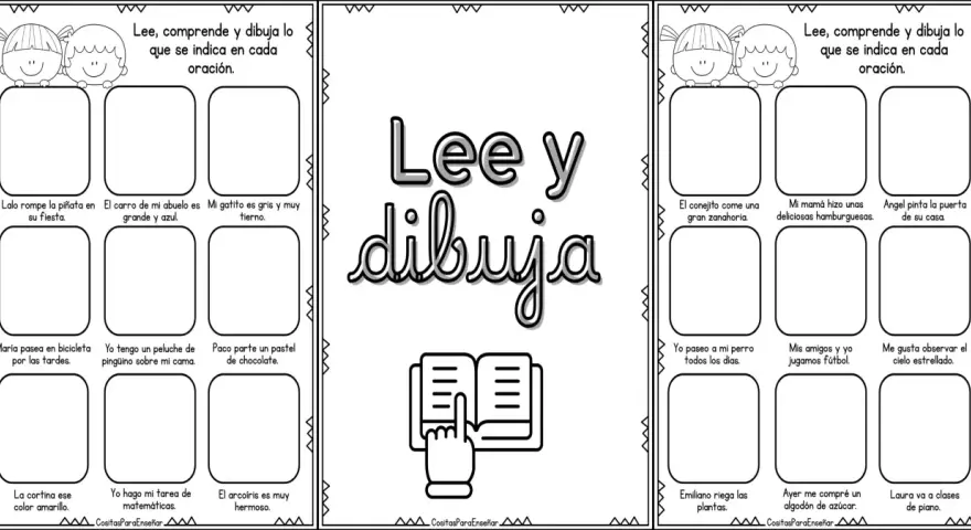 Hoja de actividades para leer y dibujar. Cada sección presenta una frase para que el niño la comprenda y dibuje su representación.