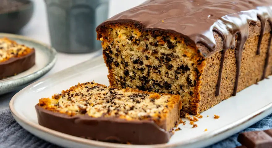 Ein saftiger Stracciatella Kuchen mit Schokoladenglasur, ein Stück davon auf einem Teller.