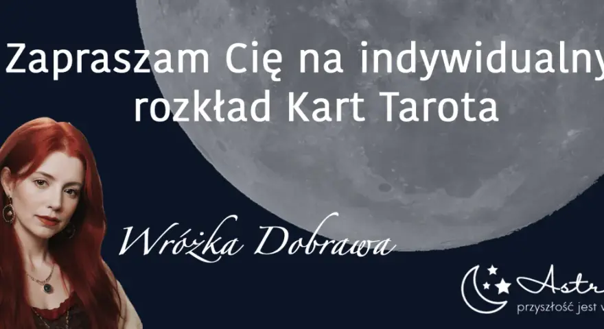 Kobieta z rudymi włosami zaprasza na indywidualny rozkład kart tarota. Wróżka Dobrawa oferuje wgląd w przyszłość, być może nawet w kwestie kochanków tarot.