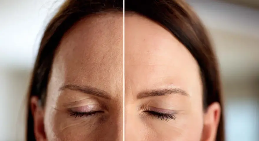 Comparación de la piel: antes y después, mostrando la reducción de arrugas de expresión alrededor de los ojos y en la frente.