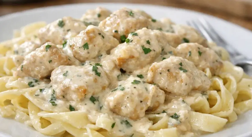 Pyszny keto kurczak w sosie śmietanowym na tagliatelle, posypany natką pietruszki. Idealny na lekki obiad.