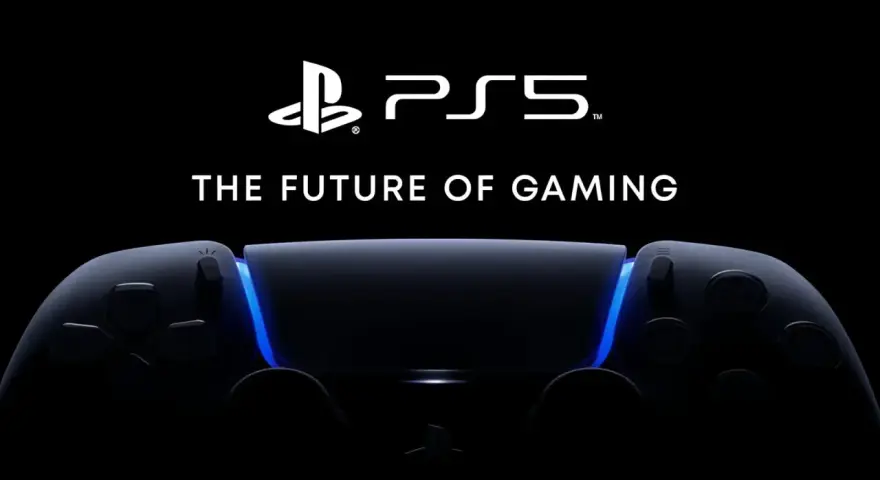 El mando DualSense de PS5, iluminado con un brillo azul, anuncia el futuro de los videojuegos en un PlayStation Showcase.