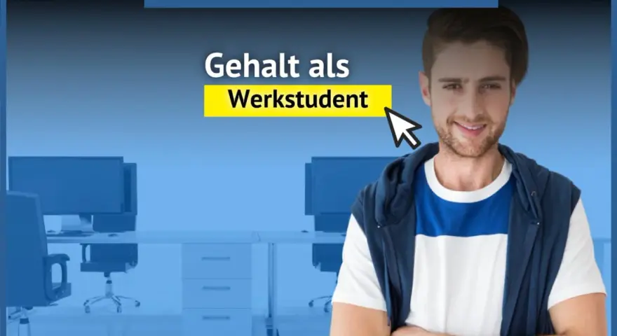 Ein junger Mann lächelt, während ein Mauszeiger auf "Gehalt als Werkstudent" zeigt. Im Hintergrund ein Büro.