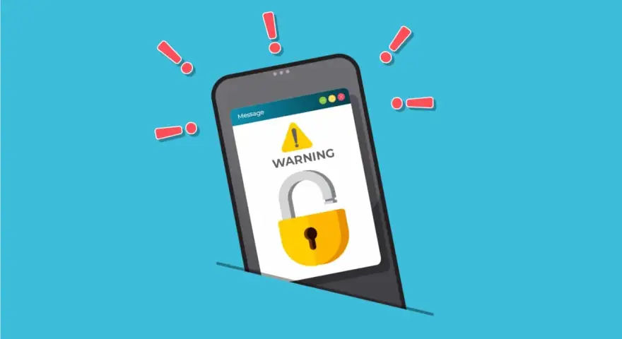 Teléfono con advertencia de seguridad y candado abierto. ¡Alerta! ¿Cómo encontrar un móvil perdido?