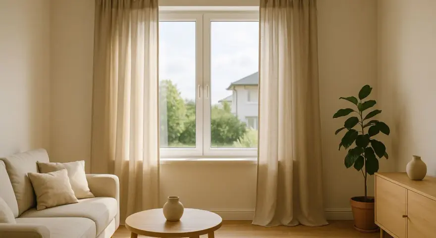 Jasne zasłony wiszą na karniszu nad białym oknem, obok sofy i stolika.