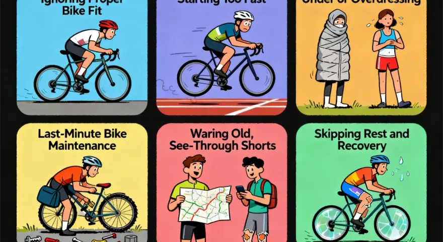 Six panels illustrate common cycling mistakes: ignoring bike fit, starting too fast, improper dressing, last-minute maintenance, wearing worn shorts, and skipping rest and recovery.