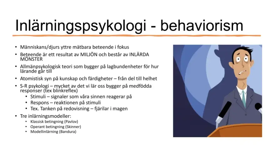 En man med orolig min står vid ett podium. Bilden illustrerar inlärningspsykologi och behaviorism, där beteende ses som ett resultat av miljön.