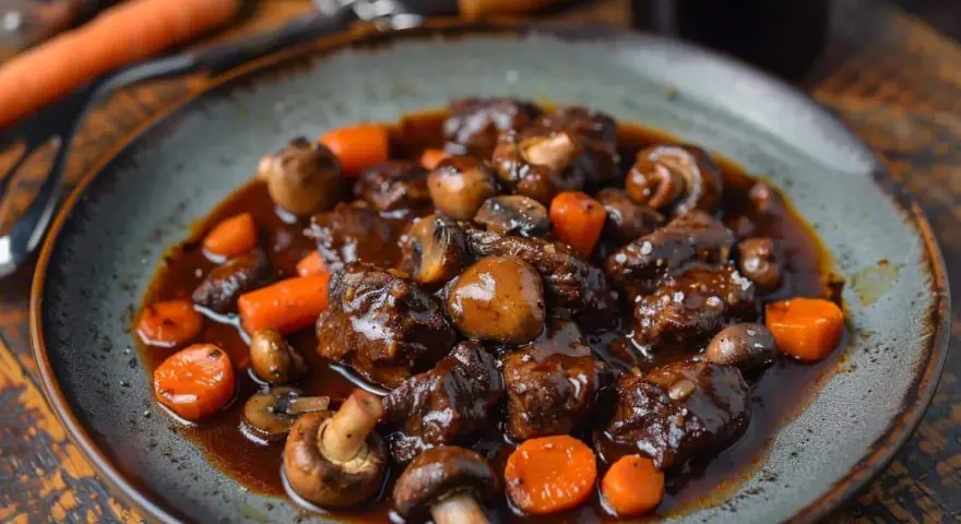 Un plat de boeuf bourguignon cookeo, avec des morceaux de viande tendres, des champignons et des carottes, nappés d'une sauce riche.