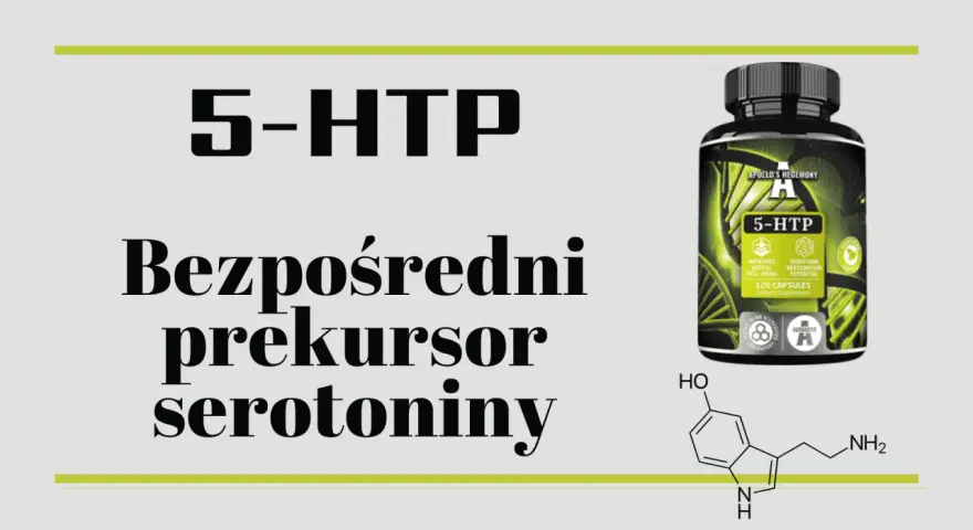 5-HTP, bezpośredni prekursor serotoniny, w kapsułkach. Obok wzór chemiczny.