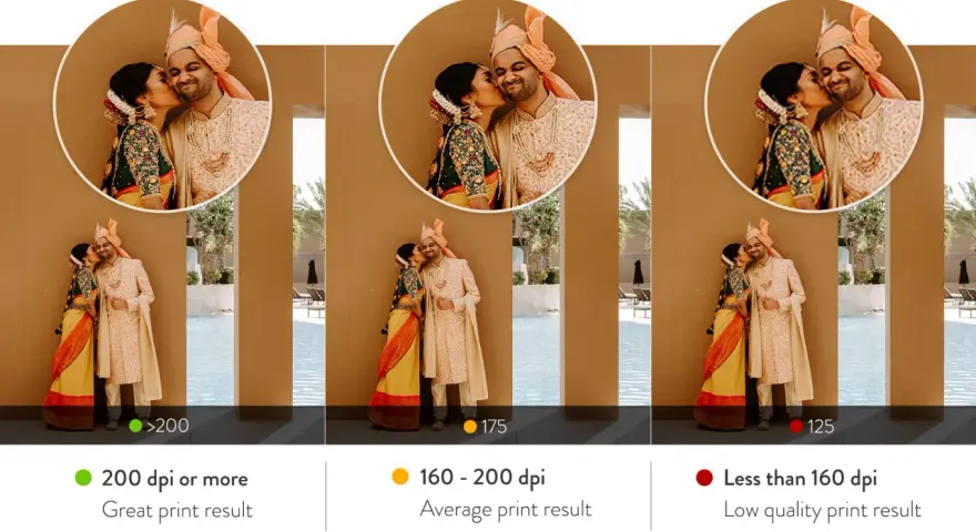 Comparación de la calidad de **impresión digital** de una pareja de recién casados. Tres versiones de la misma foto, con diferentes resoluciones (dpi), muestran resultados de impresión de excelente a bajo.
