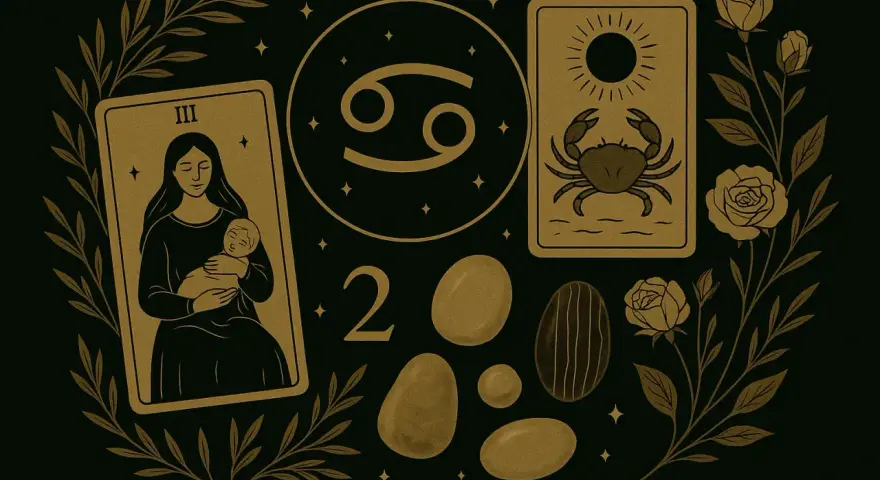 Symbol zodiaku Rak w okręgu, obok karty z krabem i matką z dzieckiem. Jak wygląda znak zodiaku Rak.
