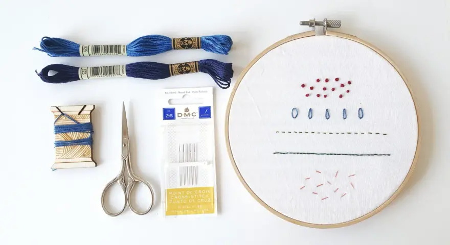 Materiali per un tutorial ricamo: fili blu, forbici, aghi e tela con primi punti.