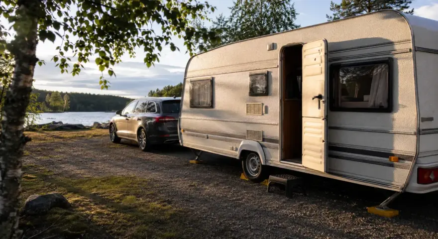 En husvagn och bil parkerad vid en sjö, redo för en husvagnssemester i Sverige. Solen lyser på den öppna dörren.