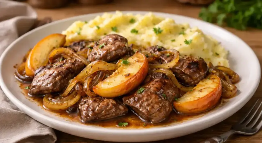 Pyszna wątróbka z jabłkiem i cebulką, podana z purée ziemniaczanym.