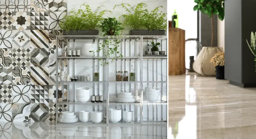 Un angolo cucina con piastrelle geometriche e piante verdi crea un'atmosfera **stile jungle chic**. Scaffali metallici espongono stoviglie bianche e barattoli.