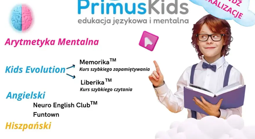 Chłopiec z książką, logo PrimusKids, kursy językowe i arytmetyka mentalna. Sprawdź lokalizacje!