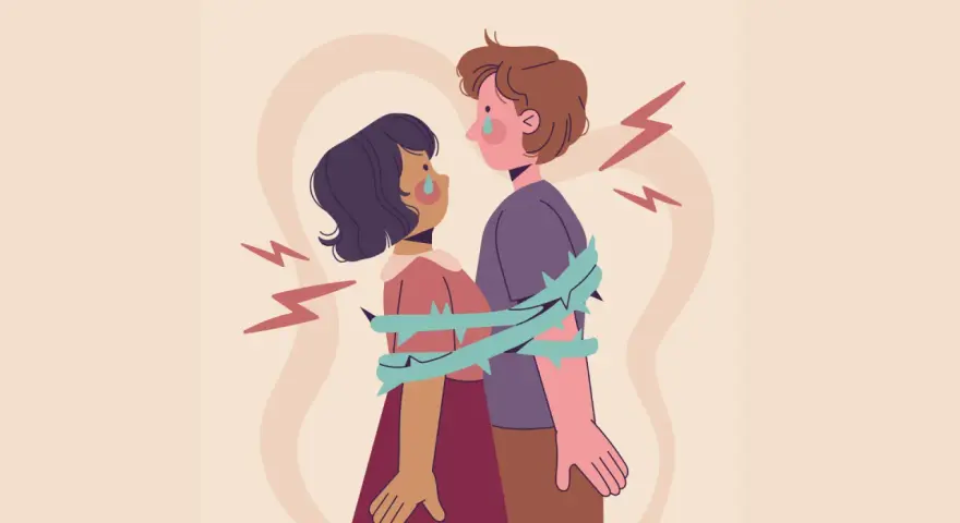 Coppia abbracciata, circondata da spine. Lacrime sui volti, fulmini intorno. Un'immagine che evoca l'ossessione in amore, un legame doloroso.