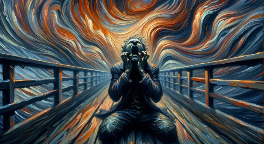 Un homme hurle, mains sur les oreilles, sur un pont. Le ciel tourbillonnant et les couleurs vives accentuent le **tableau la peur** de cette scène.