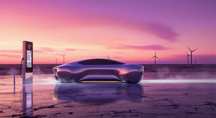 Futurystyczna Tesla przy ładowarce na tle zachodu słońca. Zastanawiasz się, ile kosztuje ładowanie Tesli w domu?