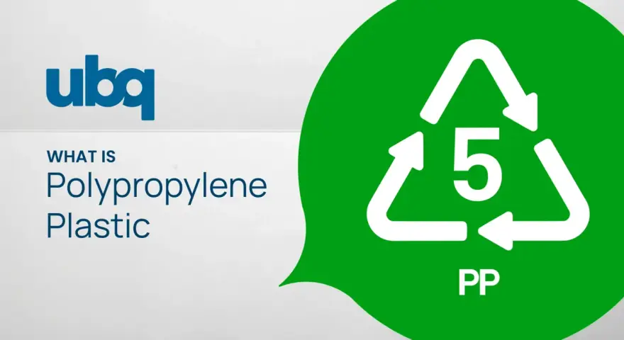 UBQ logo and "What is Polypropylene Plastic" text next to a green recycling symbol with a "5" and "PP". Is polypropylene stronger than plastic?