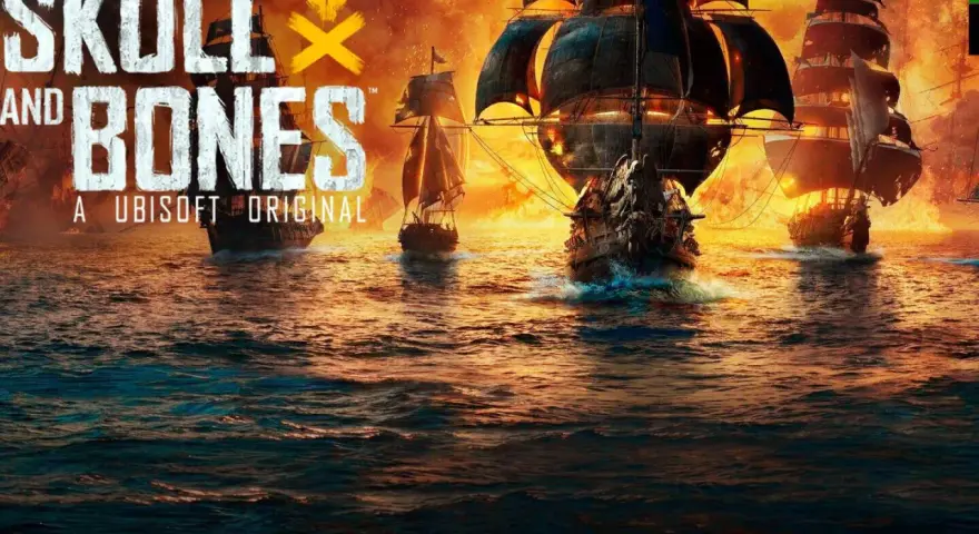Flota de barcos piratas navega en aguas turbulentas bajo un cielo ardiente. El logo "Skull and Bones" destaca en la imagen.