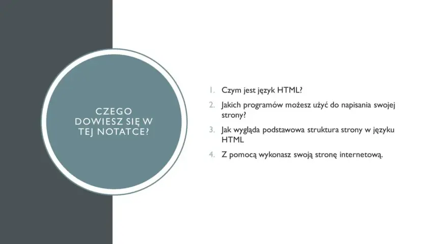 Grafika z pytaniem "Czego dowiesz się w tej notatce?" i listą pytań o HTML.