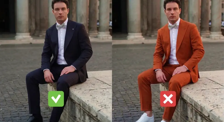 Uomo in abito blu con papillon, approvato per un matrimonio casual. Accanto, lo stesso abito arancione con sneakers, bocciato.