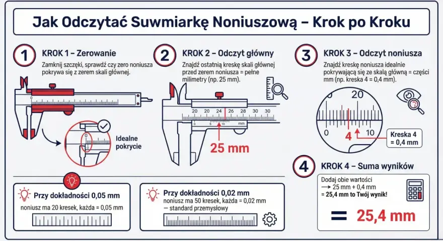 Instrukcja jak mierzyć suwmiarką 0,02 mm. Pokazuje kroki od zerowania, odczytu głównego, odczytu noniusza, aż do sumowania wyników.