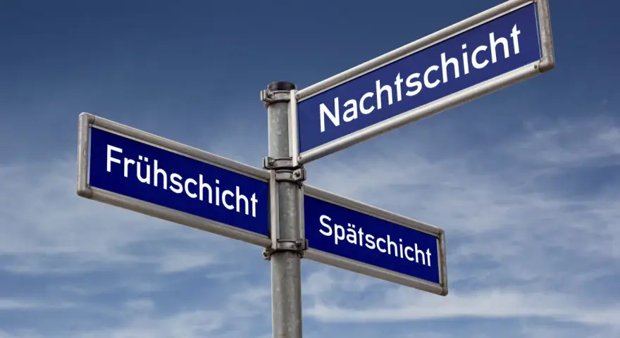 Wegweiser mit "Frühschicht", "Nachtschicht" und "Spätschicht". Nach 5 Tagen Nachtschicht fragt man sich: Wie viel Tage frei?