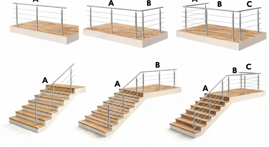 Przykłady montażu balustrady ze stali nierdzewnej na tarasie i schodach. Różne konfiguracje oznaczone literami A, B, C.