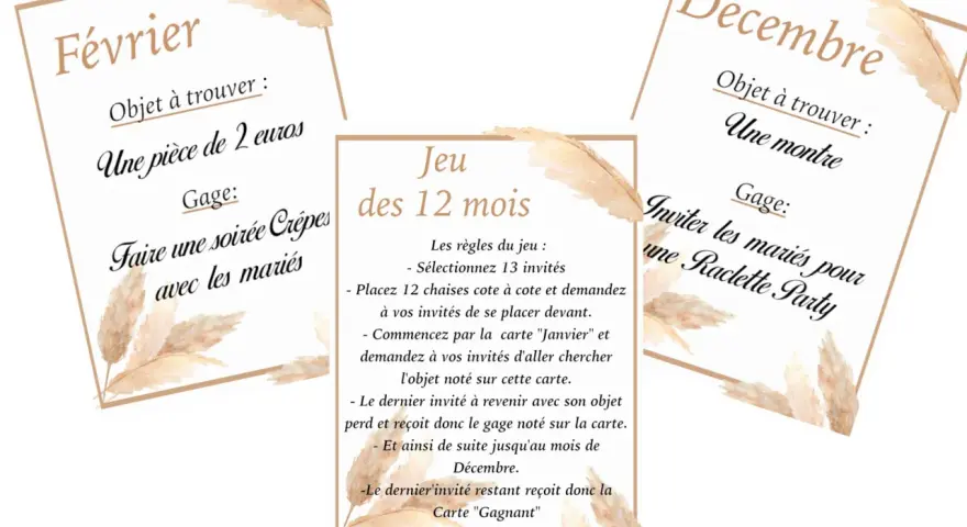 Cartes pour un jeu des 12 mois : Février (trouver 2€, gage : soirée crêpes), Décembre (trouver une montre, gage : raclette party) et règles du jeu.