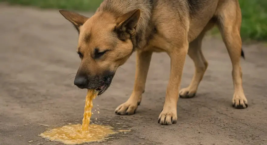 Pies wymiotuje żółtą cieczą. Widać, że pies cierpi, a jego krew w wymiotach jest niepokojąca.