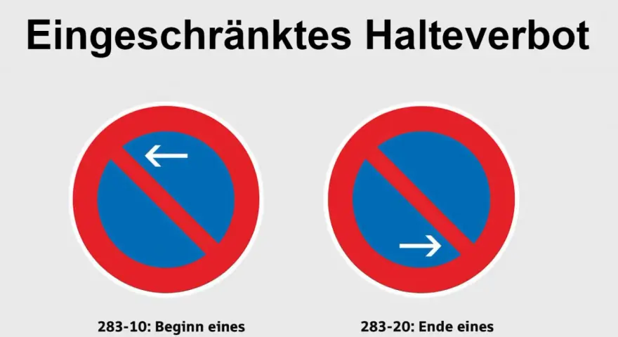 Zwei Verkehrszeichen: Beginn eines eingeschränkten Halteverbots (links, Pfeil nach links) und Ende eines eingeschränkten Halteverbots (rechts, Pfeil nach rechts).