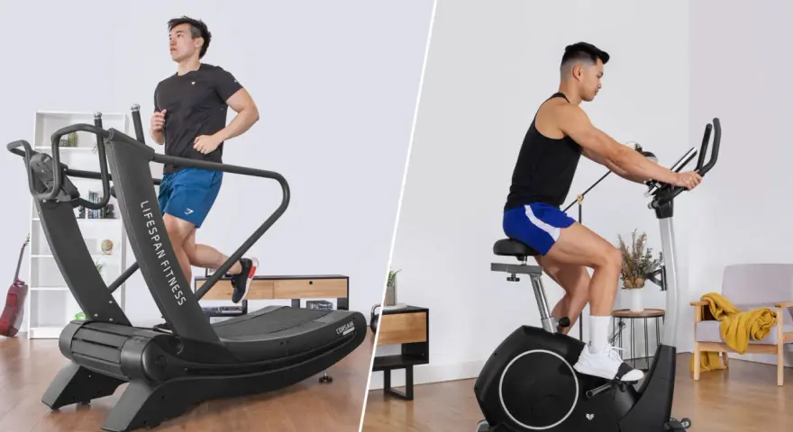 Man running on a treadmill vs. man cycling on a stationary bike. A split image showcasing two popular cardio workouts.