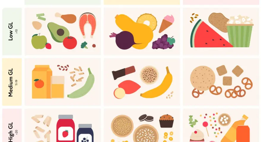 Zdrowa dieta: produkty z niskim indeksem glikemicznym, jak ryby, awokado, jabłka, czy jagody, kontra przetworzona żywność.