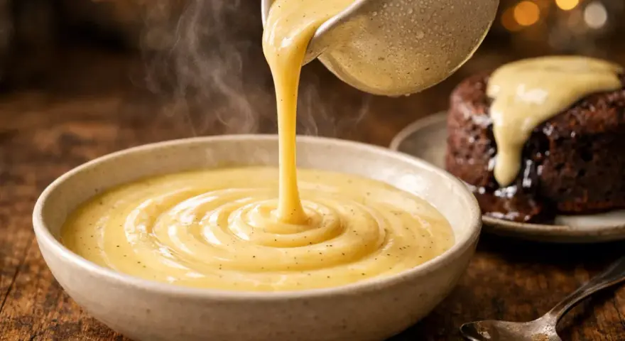 Une sauce crémeuse et fumante, une crème anglaise, est versée dans un bol. Un petit gâteau au chocolat dégouline de cette sauce.