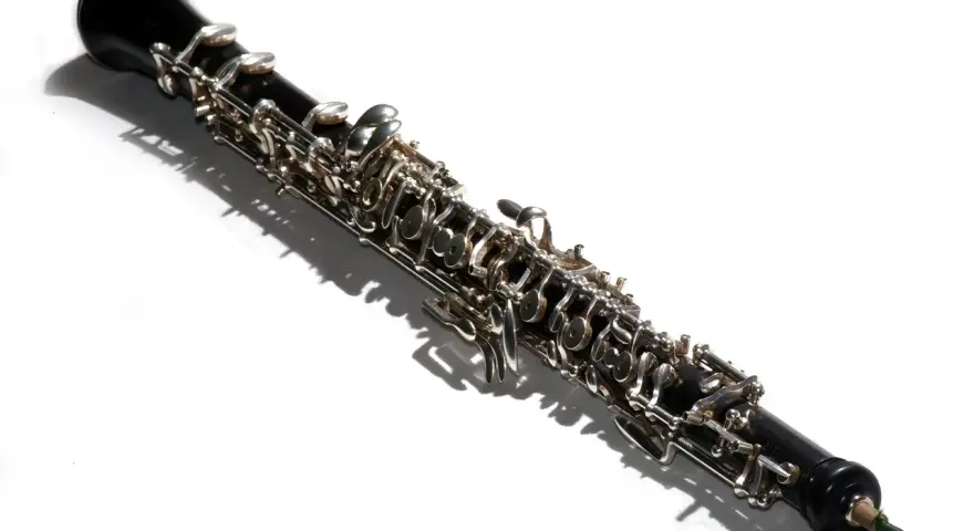 Ein elegantes Musikinstrument, eine Oboe, liegt im Schatten.