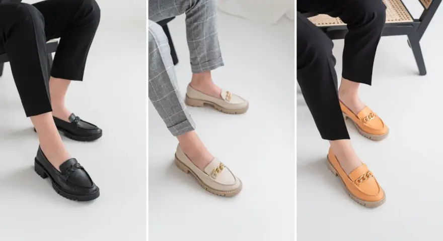 Eleganckie loafersy i mokasyny w kolorach czarnym, beżowym i pomarańczowym. Idealne do stylizacji z klasycznymi spodniami.