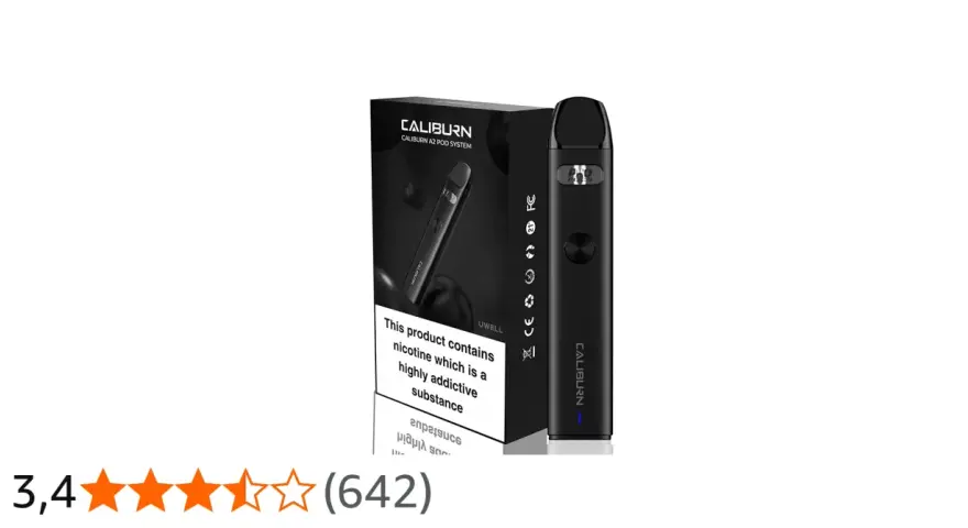El Caliburn A2, un sistema de pod elegante y negro, junto a su caja.
