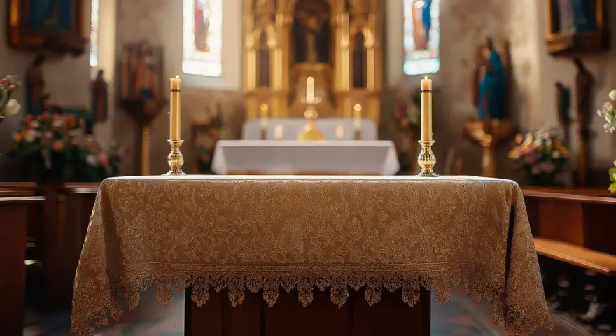 La tovaglia dell'altare, detta anche paliotto, è riccamente decorata con un motivo floreale dorato e un bordo in pizzo. Due candele dorate illuminano l'altare.